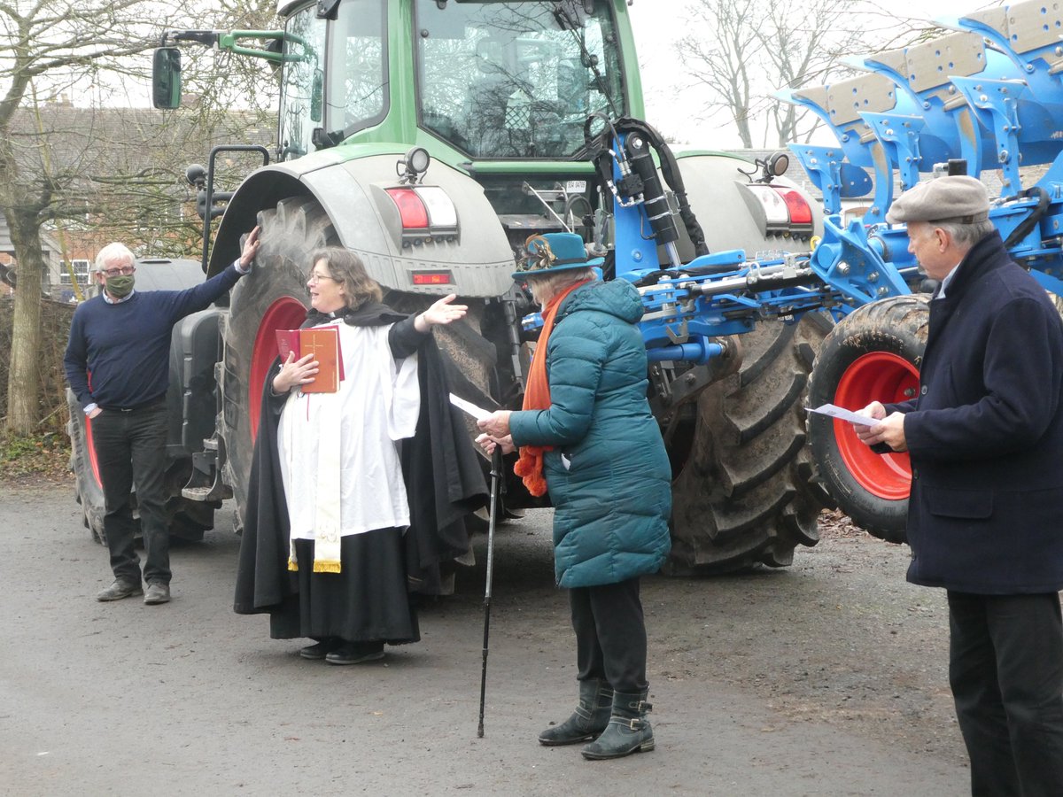 agchap's tweet photo. The Medieval tradition of blessing the plough in 2021, low key, socially distanced, and out of doors; asking for God's blessing on all who work the land and provide our food in our post Brexit, Covid-apprehensive world @Rurchap1 @HerefordDiocese @ShropMeth https://t.co/S3D46bIrd2