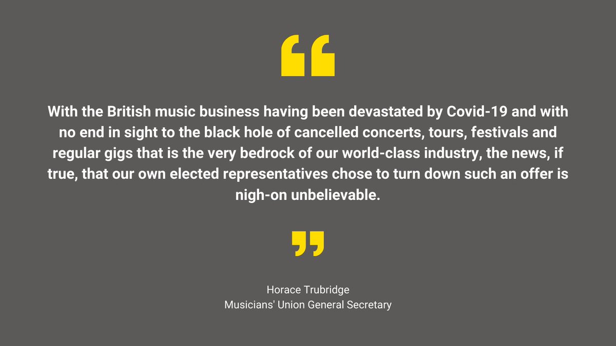 We are angry and alarmed at reports that our own elected representatives chose to turn down an EU offer of visa-free touring by British musicians, after reassurances that our £101.5bn  #CreativeArts and £5.8bn  #MusicIndustry were a priority.  https://musiciansunion.org.uk/all-news-and-features/leak-confirms-that-government-rejected-eu-offer-of-visa-free-travel-for-touring-musicians(1/4)