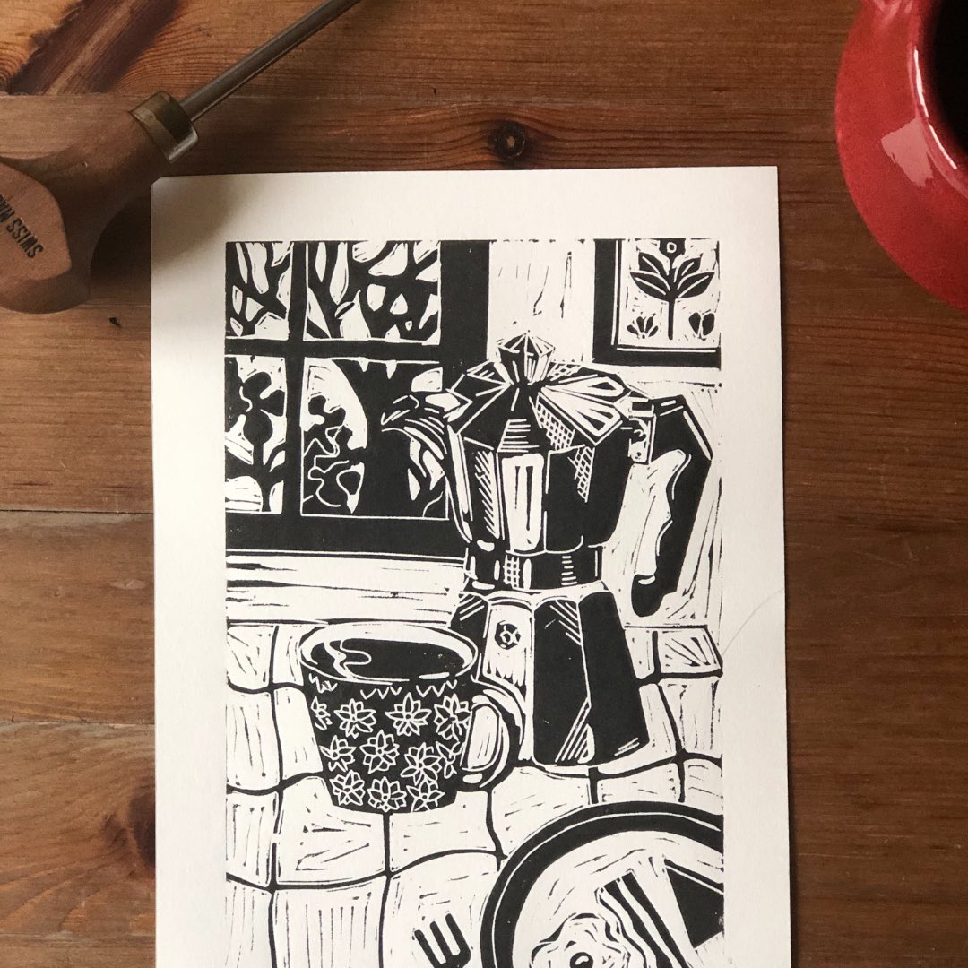 GemmaCurtis15's tweet image. ‘Sunday Mornings’ - Week 3 #printersolstice prompt ‘In Good Taste’ #linocut #linoprint #coffee 🍳 🥓 ☕️