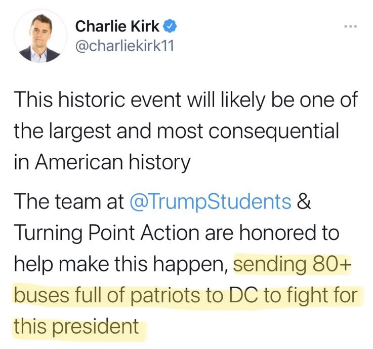 davenewworld_2's tweet photo. Charlie Kirk provided nearly 100 buses & offered free hotel rooms to any terrorist willing to come to DC & storm the Capitol.
Arrest him NOW. https://t.co/IYcUUBLqgH