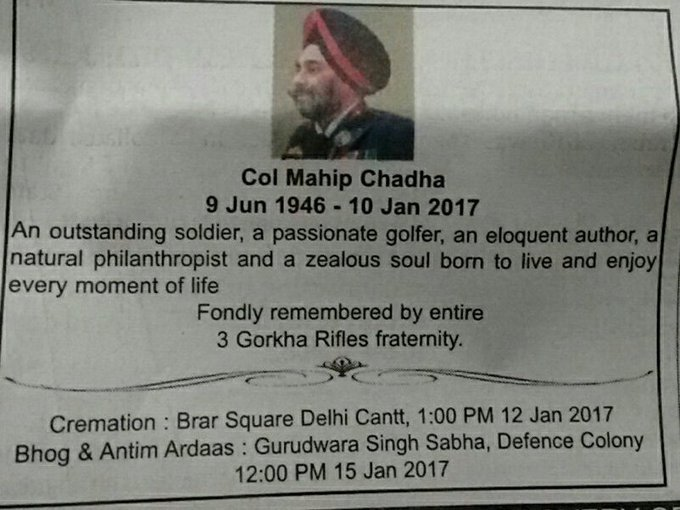  #ObituaryOfTheDayCol Mahip Chadha (Retd), 3rd Gorkha RiflesPassed away in 2017