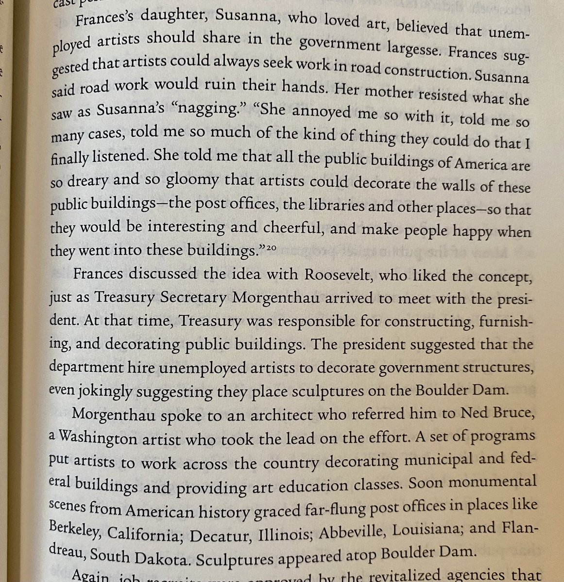 if you’re wondering I’m reading this book: it’s for lessons, mainly on the birth of unemployment insurance (our fundamental auto stabilizer) . also getting lessons on employment programs ... here: use skills unemployed people have, such as artists beautifying public works.