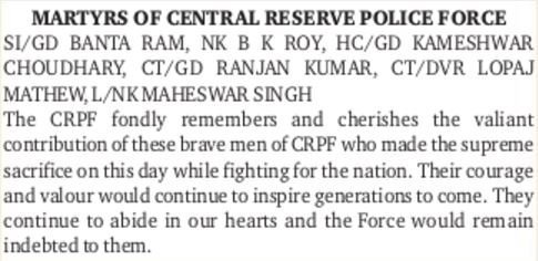  #ObituaryOfTheDayMartyrs of CRPF - 10 Jan