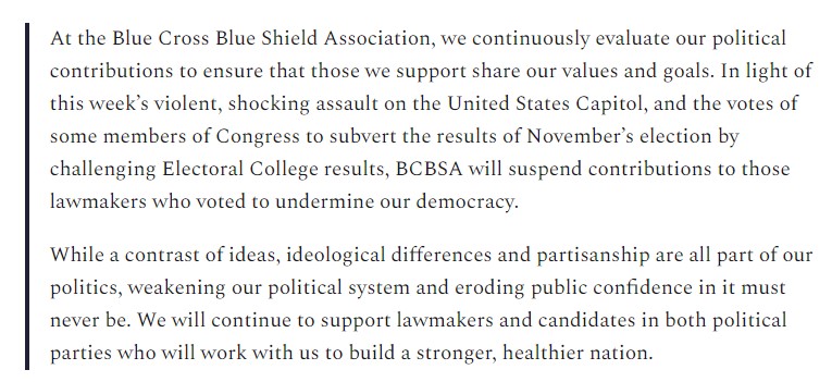 2. In the last 3 cycles, the BlueCross BlueShield PAC has donated 959K to GOP candidates and 359K to Dem candidates.Now, BCBS's CEO says it will "suspend contributions to those lawmakers who voted to undermine our democracy" https://popular.info/p/three-major-corporations-say-they