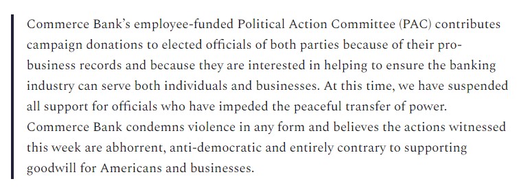 3.  @CommerceBank's PAC favors Republicans over Democrats by a 6 to 1 margin. The bank now says it has "suspended all support for officials who have impeded the peaceful transfer of power" @MarriottIntl released a similar statement to Popular Information. https://popular.info/p/three-major-corporations-say-they