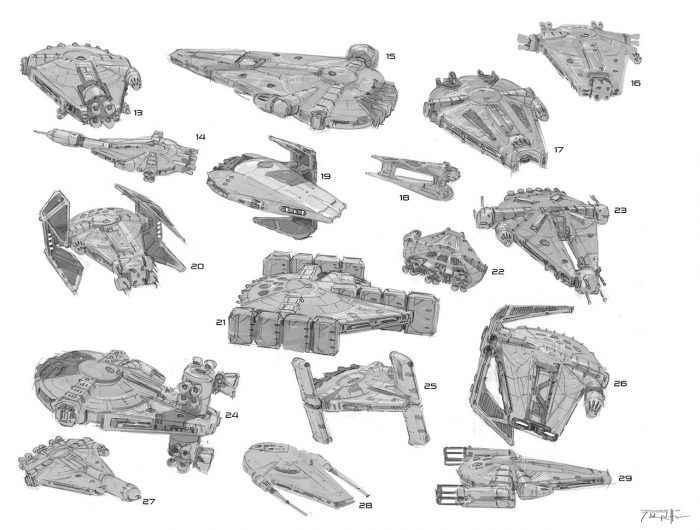 So here's our hero ship. Maybe #15 out of this collage of Solo concept art? It's a beautiful, slender ship for a peaceful time--one our heroes will soon turn into an absolute mess, as they should.(I'm calling it Vaeron Dynamics PF-0110 Light Passenger Shuttle.)