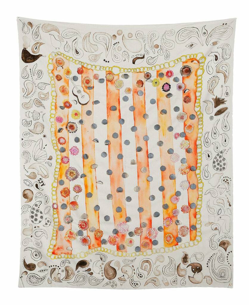 seasoncz's tweet photo. Allison Manch, Untitled Bandana, 2020, graphite and natural dyes on cotton with embellishments, 56 x 45 inches. @manchdressing #allisonmanch #season #seattle #textileart #naturaldye #drawing #bandana https://t.co/EJu4SBlEXy https://t.co/5u72x5jGh9