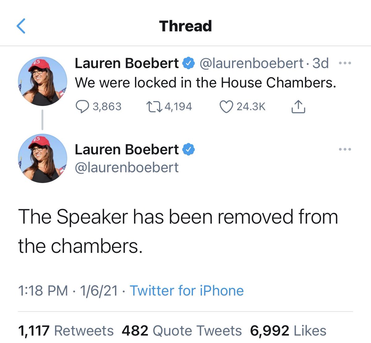  #StopTheSteal inciter  @laurenboebert tweeted out Nancy’s location three minutes after Trump terrorists stormed the Capitol.  https://twitter.com/laurenboebert/status/1346898958900199429