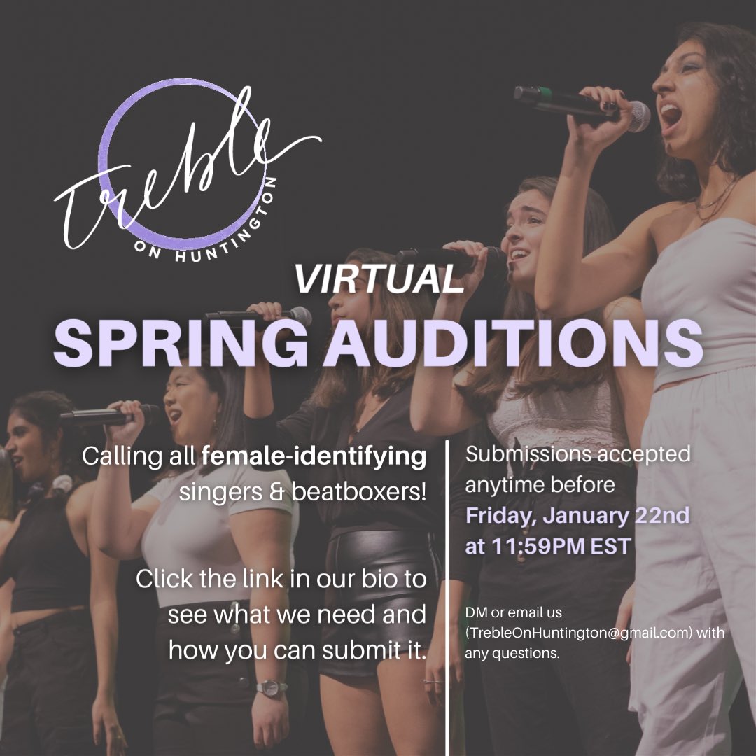 DO YOU SING OR BEATBOX???
•
We are holding virtual spring auditions! Starting NOW, we are accepting video submissions until Friday, January 22nd at 11:59 PM EST. Click the link below for all the details:

trebleonhuntington.weebly.com/auditions.html

We can not wait to hear your lovely voices!👾🔮✨