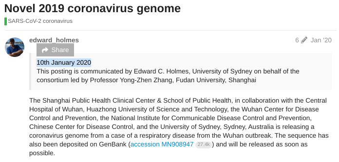 One year ago today the genetic sequence of the novel coronavirus was posted on  http://Virological.org  for the first time.