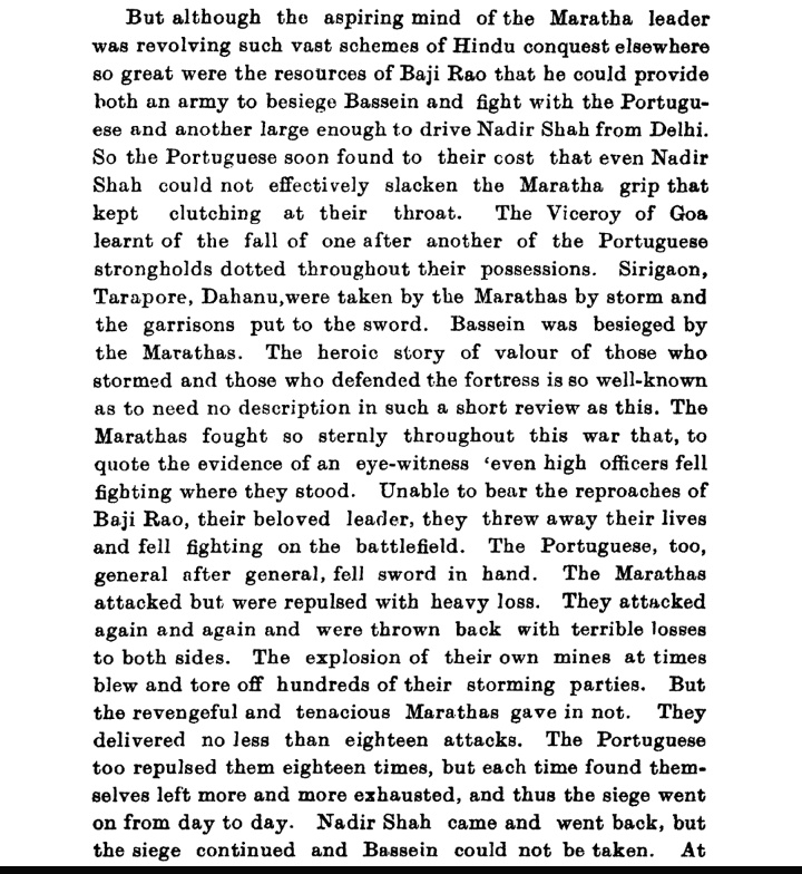 6.When Nadir Shah invaded North Bajirao could not march because large portion maratha army was busy in freeing hindus from horrible atrocities commited by Portugese and Church.Hero of victory was "Chimaji Appa"bells taken as can still be found in local temples @MycoJonathan