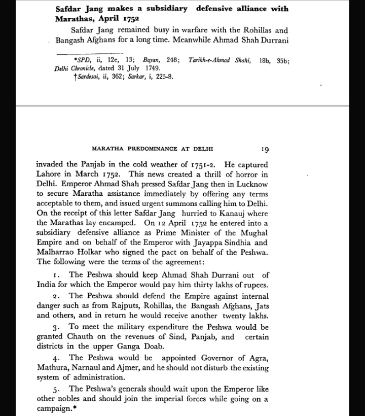 7. After 1740 Nadir Shah Invasion and fear of Durrani's Invasion of 1748 mughal Empire was so weak that could not protect itself from outside forces made subsidiary defence alliance with Marathas