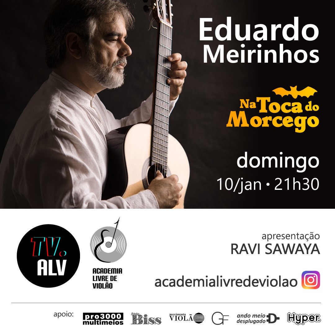 AMDesplugado's tweet photo. Hoje (10/janeiro) na TV da Academia Livre de #Violão, teremos às 21h30 o programa Na Toca do Morcego com o professor Ravi Sawaya entrevistando Eduardo Meirinhos. Acesse https://t.co/yEqfFV96nD #musica #tvalv #ravisawaya #eduardomeirinhos #natocadomorcego #academialivredeviolao https://t.co/wyemhHMfJD