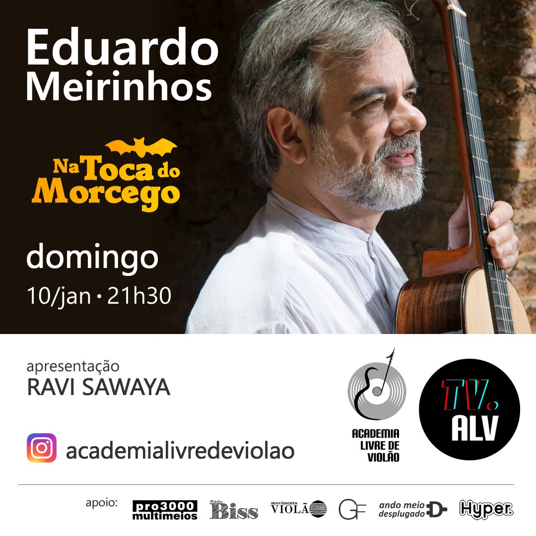 AMDesplugado's tweet photo. Hoje (10/janeiro) na TV da Academia Livre de #Violão, teremos às 21h30 o programa Na Toca do Morcego com o professor Ravi Sawaya entrevistando Eduardo Meirinhos. Acesse https://t.co/yEqfFV96nD #musica #tvalv #ravisawaya #eduardomeirinhos #natocadomorcego #academialivredeviolao https://t.co/wyemhHMfJD