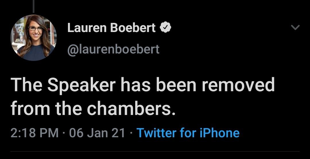 ... and as the coup began, Boebert posted that she was located in Chambers but Pelosi had been removed. It would be interesting to know if she had meant to send that post to someone specific, or if she was purposely posting locations publicly.