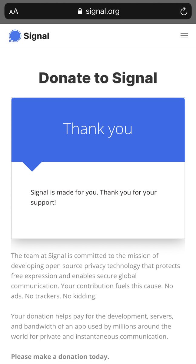 ChadBerndt1's tweet photo. Dear fellow Signal users, if you can, please consider setting up a monthly donation.  —> go to Settings in the app

If we want good services that don’t exploit our data then we will need to fund them. 

(@elonmusk if you could amplify this message that would be great!) https://t.co/zfWhxJNq4d