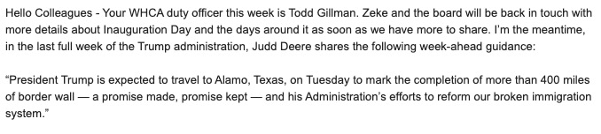 yangliuxh's tweet photo. Just received this from the WHCA, guidance for Trump administration's #LASTFULLWEEK. What's the point of going to #Alamo? Trying to end on a note of normalcy? https://t.co/a8KgAPaLgn
