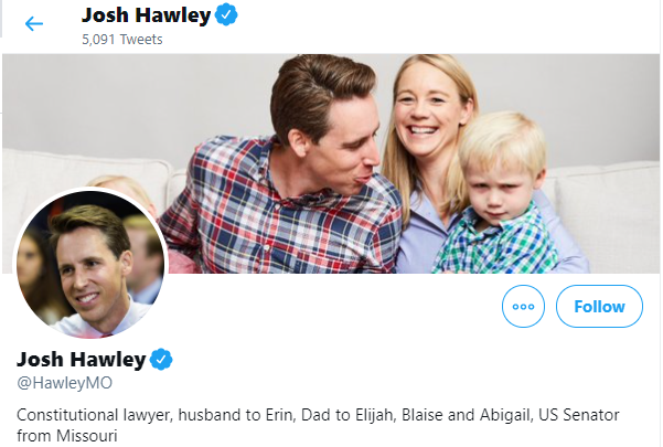 And he did it on Twitter, where his bio leads with--wait for it--"constitutional lawyer." He's lying to people. Using his authority to whip people into a frenzy into believing that there is some broader assault on the Constitution.All. To. Serve. Josh. Hawley. /6