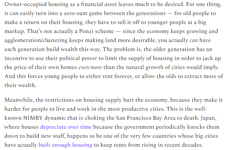 11/But SHOULD we distribute that wealth via home values? Doing so presents some obvious problems. It invites NIMBYism -- homeowners leveraging local government to push up the prices of their homes, even at the expense of the economy.