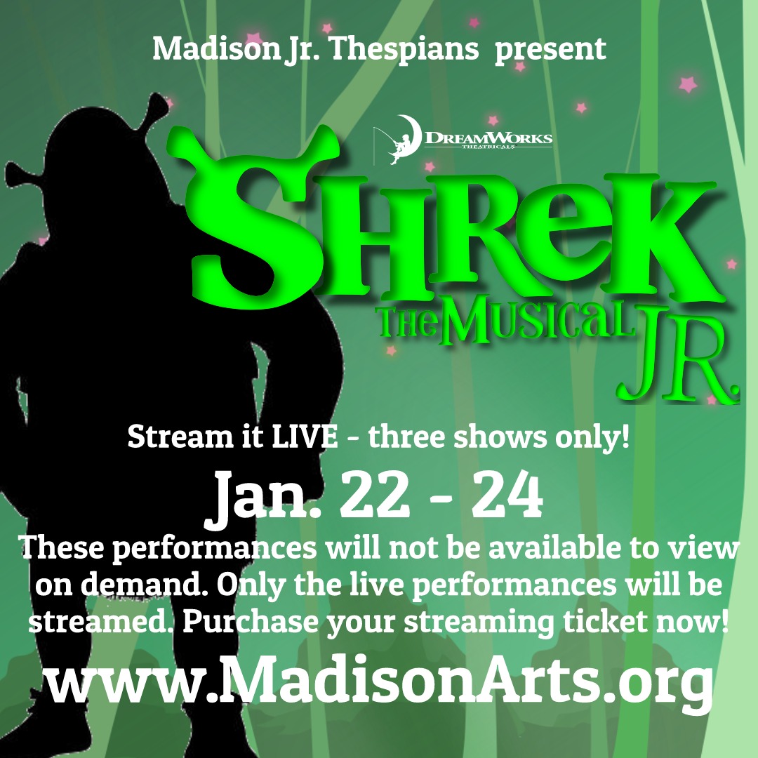 MadisonArts1's tweet photo. Live streaming tickets for SHREK THE MUSICAL JR. can now be ordered! All 3 performances will be streamed LIVE from Madison’s stage with high-quality streaming equipment. These videos will not be available at any other time, so purchase your stream now at https://t.co/BFx0IhADrV ! https://t.co/Hrz3DopP5a