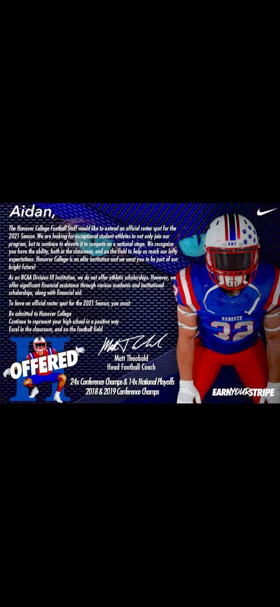 AidanM61's tweet photo. Thanks to @MTHEO12 and the coaches @HanoverFTBL for a great visit yesterday!! I am grateful to receive  an offer and thankful for the opportunity to be a Panther!! https://t.co/85hPdS25UA