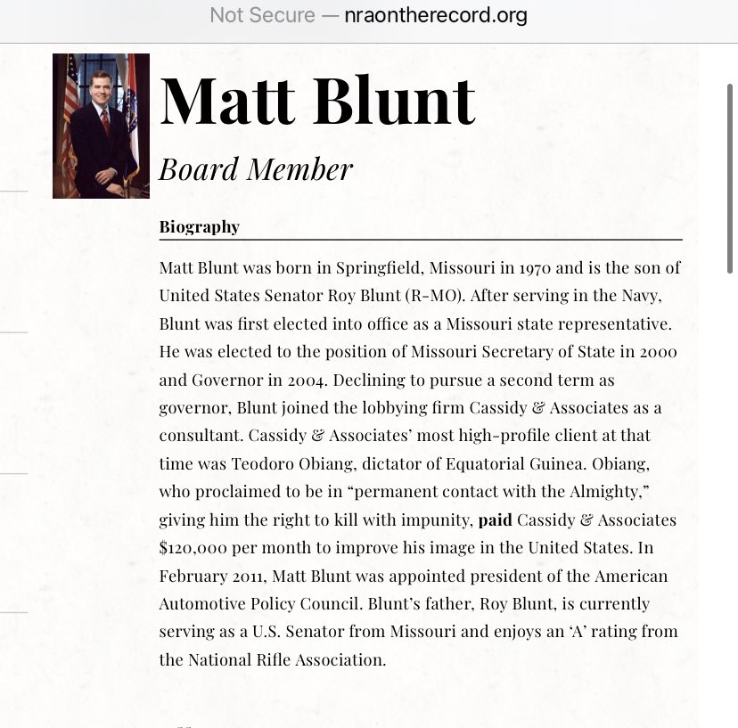 Senator Roy Blunt’s son is former Missouri Governor Matt Blunt.