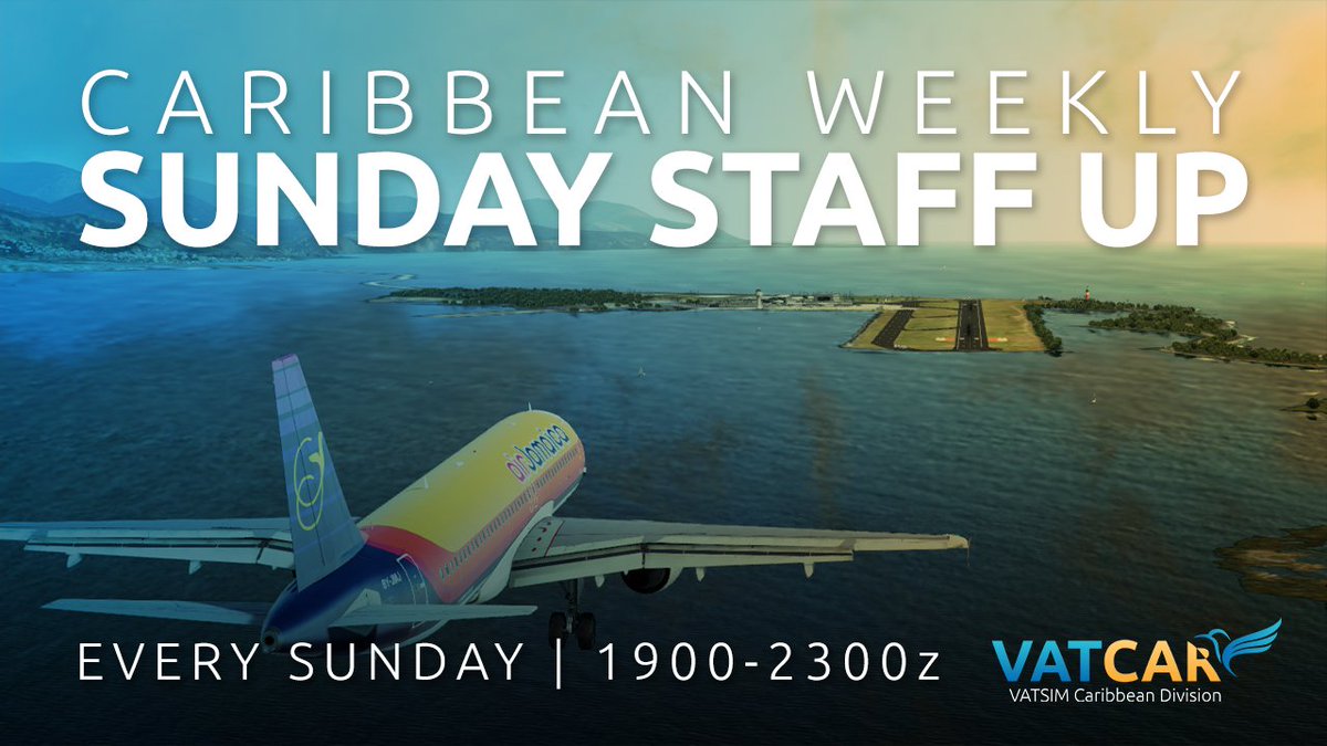 VatsimCaribbean's tweet photo. The weekly staff up is back tonight with two focus airports this week while maintaining full ATC coverage throughout the Caribbean.

The focus airports will be Kingston | MKJP and Nassau | MYNN.

As always, the time for the event will be 19:00z - 23:00z. See you tonight! https://t.co/FE2jed7Gzn
