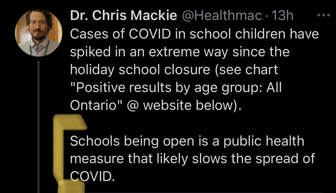 DR CHRIS MACKIE ( @Healthmac) is London’s Medical Officer of Health and a government advisor.Yesterday, he said schools being open, “SLOWS the spread of COVID.”For context, let’s look at 23 other times he misused data or gave a bad unsupported take.A THREAD...1/24