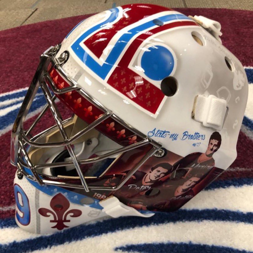 GoalieGearNerd's tweet photo. Pavel Francouz’s Reverse Retro @Avalanche mask (painted by @Koraldesign) pays tribute to legendary players of both the Avs (Sakic and Forsberg) and the Nordiques (the Statsny brothers). Note the fleur-de-lis detailing as well as jersey stripe through the center. https://t.co/GJ0YMNPe59