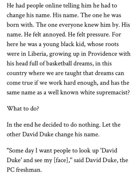 This is a great story about Providence basketball player David Duke.