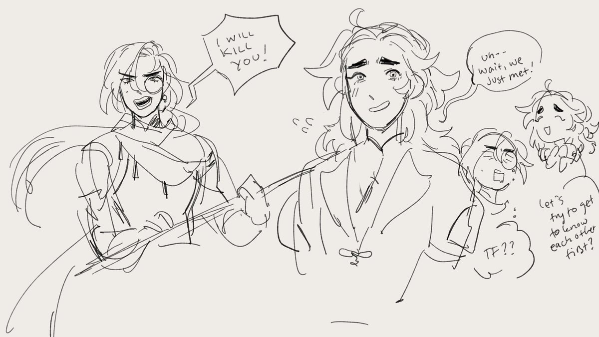 nyehe oc sketches from priv... the premise is that theyre prophesized to k1ll one another...... 