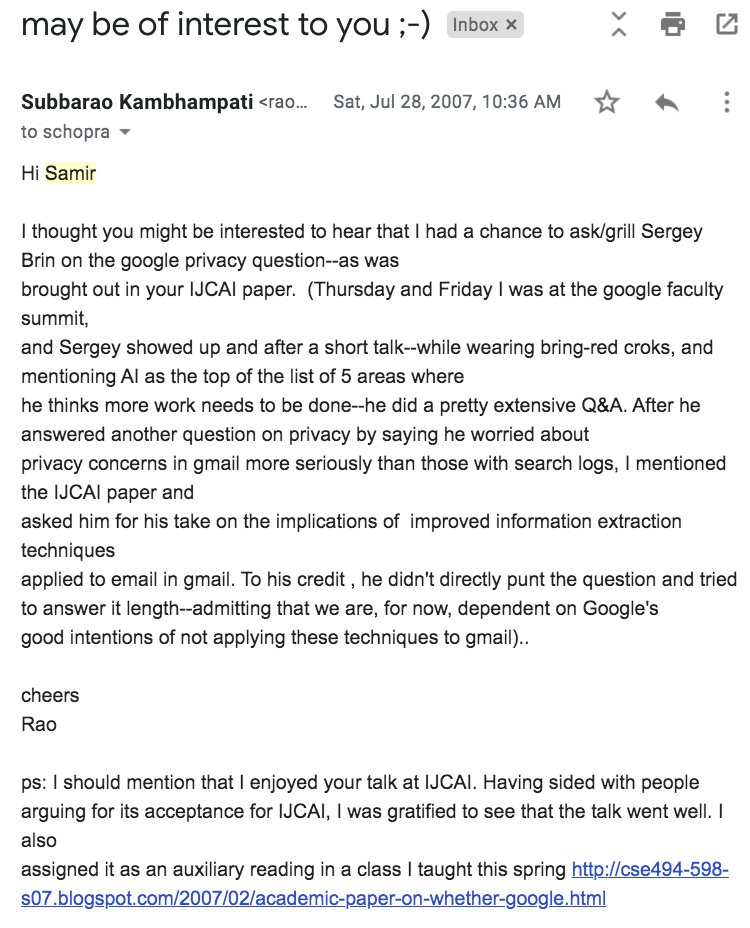 At the 2007  @Google Faculty Summit, Sergey Brin sauntered in (wearing his red crocs!), said  #AI is top-5 for them, and did an extensive Q&A. I asked him about the implications of this paper. He didn't punt, and admitted that for now we are dependent on Google's good intentions..