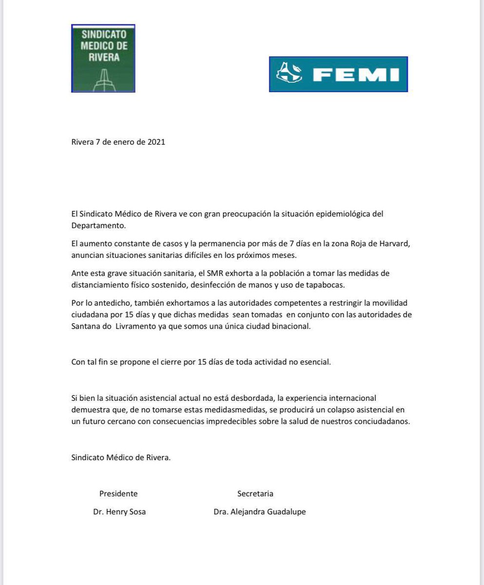 patriciaMNava's tweet photo. Desde FEMI respaldamos y nos solidarizamos con el Sindicato Médico de Rivera- FEMI 
Es necesario que se tomen las medidas adecuadas antes que la situación sanitaria se vuelva más difícil e incontrolable. https://t.co/udW2Fp3pF6