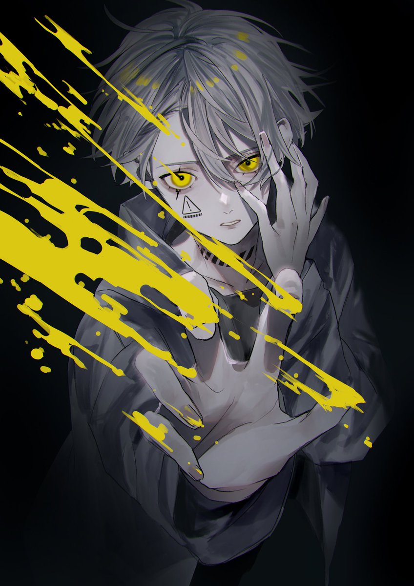1boy male focus yellow eyes solo black background looking at viewer short hair  illustration images
