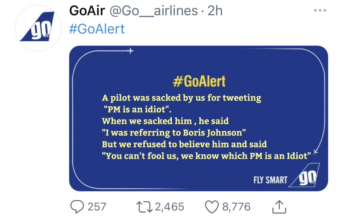 gokula15sai's tweet photo. Why #idiotpm is on Trending now..?
@goairlinesindia Confirms that
PM is an IDIOT
#GoAir #IdiotPM #GoAlert https://t.co/Q771UsWNHW