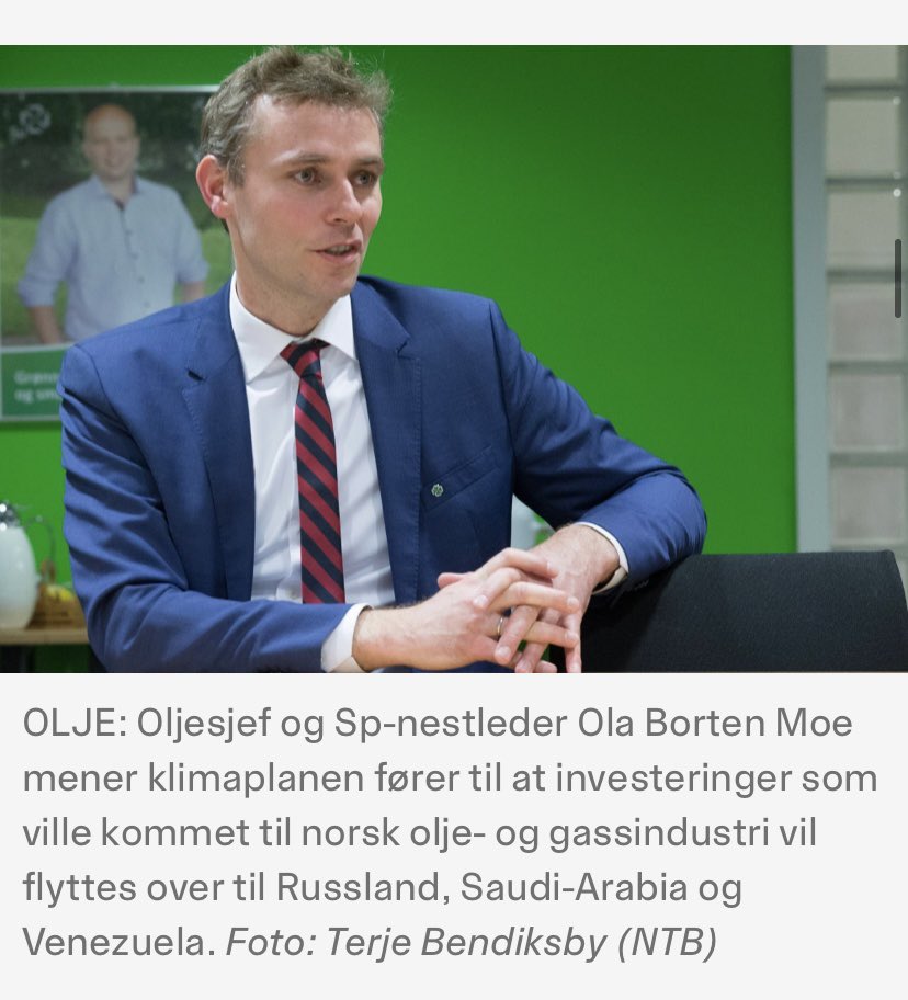 Det er som vanleg litt uklart om Ola Borten Moe uttalar seg som oljeinvestor eller nestleiar i Senterpartiet. Men eg trur uansett ikkje vi skal la Venezuela, Saudi-Arabia og Russland setje ambisjonsnivået for norsk klimapolitikk. 

nettavisen.no/okonomi/gigant…