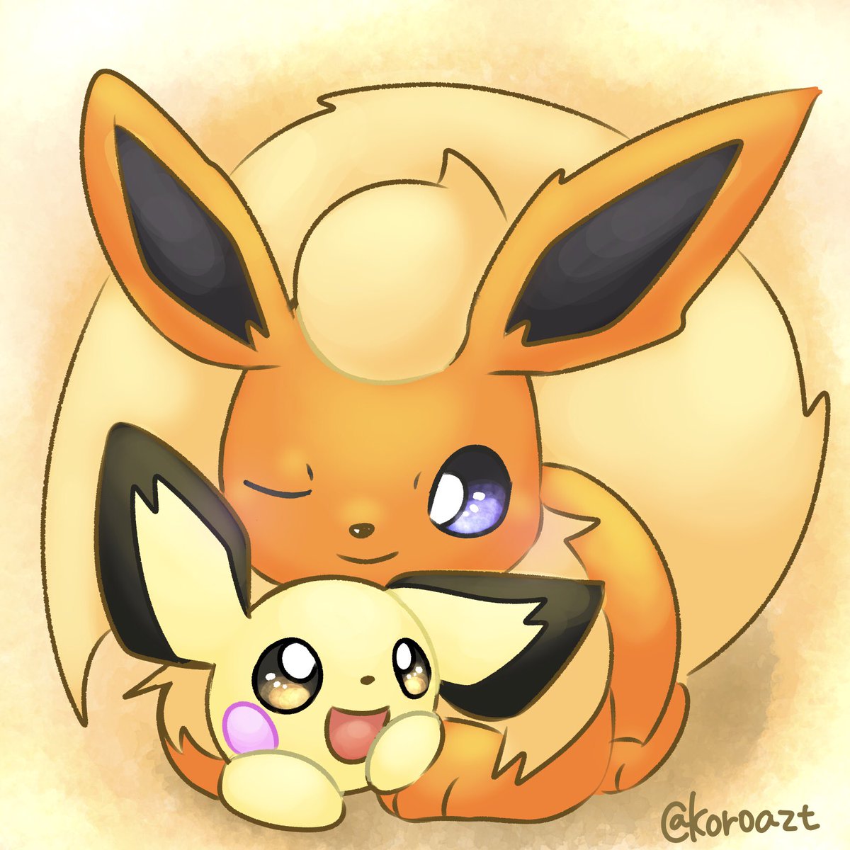 koroazt's tweet photo. #ポケモン版深夜の真剣お絵描き60分一本勝負
#ブースターの日 
ほらこうすれば暖かい https://t.co/c2QiH4qum7