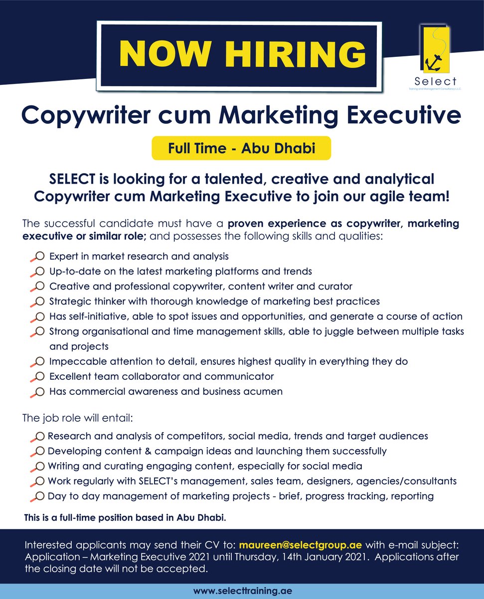 SelectTraining's tweet image. Now Hiring: Full-time Copywriter cum Marketing Executive

Select is looking for a full-time copywriter cum marketing executive to join the team! Please see the requirements in the post.

#selecttraining #marketingexecutive #digitalmarketer #jobposting #hiring #uae