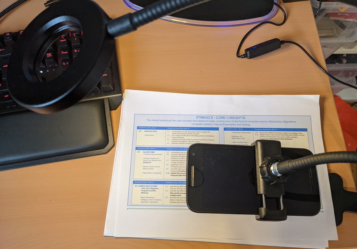 conpower's tweet photo. Picked up today in @Aldi_Ireland a handy #remotelearning tool - turns any phone into visualiser. Articulated phone clamp with USB powered LED. LED hue and brightness is adjustable and it clamps to a desk. #edchatie. Great for worked solutions etc. https://t.co/xsgmCgjYWc