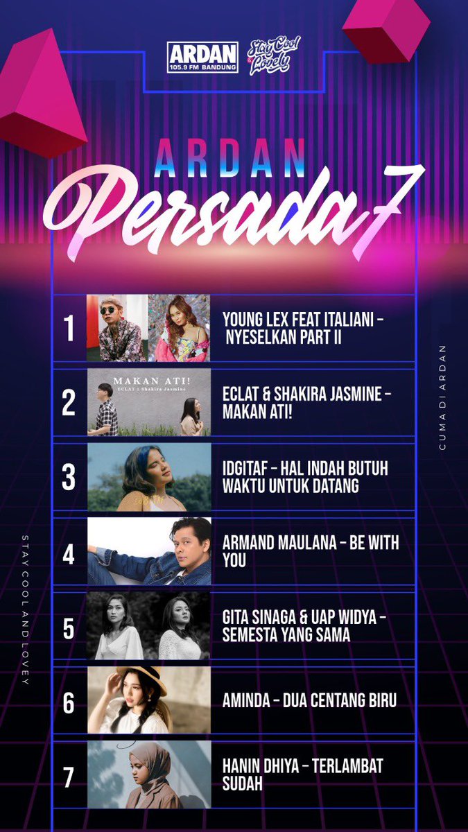 ARDAN PERSADA 7 : Edisi 512

1. <a href="/Young_Lexx/">AktifisDuniaDatar</a> ft. <a href="/ITALIANI31/">ITALIANI</a> 
2. Eclat &amp; Shakira Jasmine
3. Idgitaf
4. <a href="/armandmaulana/">Armand Maulana</a> 
5. <a href="/GitaSinaga/">Gita Sinaga</a> &amp; <a href="/UapWidya/">WidyaAyuPermatasari</a> 
6. <a href="/amindanac/">Amindana Chinika</a> 
7. <a href="/Hanindhiya_tys/">Haneen</a>