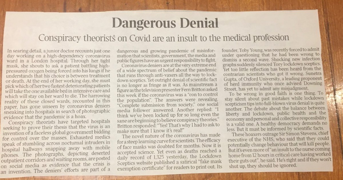 1/42 Good to see yesterday’s  @thetimes editorial attacking the pandemic of covid misinformation. Here’s my twitter contribution to fighting it, as suggested. Lockdown and covid sceptics continue to consistently misuse cherry picked data to argue NHS not unusually busy.