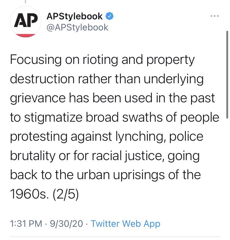 In Sep, the AP said that rioting and destruction of property should be called “unrest” and that focusing on the riots without focusing on the underlying grievance is a way to stigmatize people.4 months later, storming gov buildings is not just a riot. It’s treasonous sedition.