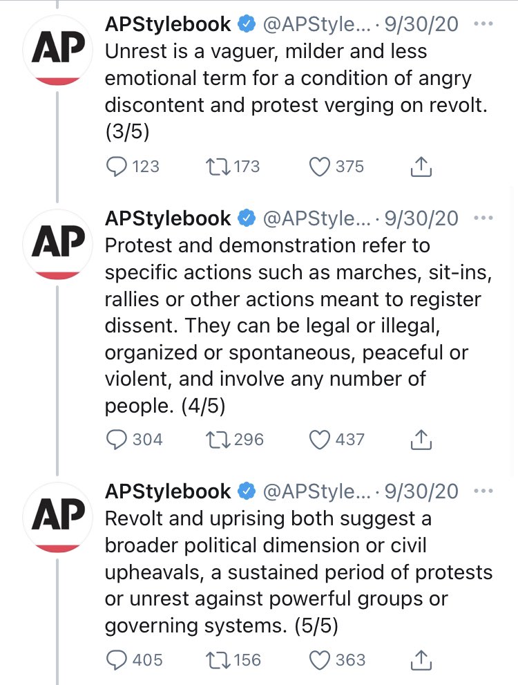 In Sep, the AP said that rioting and destruction of property should be called “unrest” and that focusing on the riots without focusing on the underlying grievance is a way to stigmatize people.4 months later, storming gov buildings is not just a riot. It’s treasonous sedition.