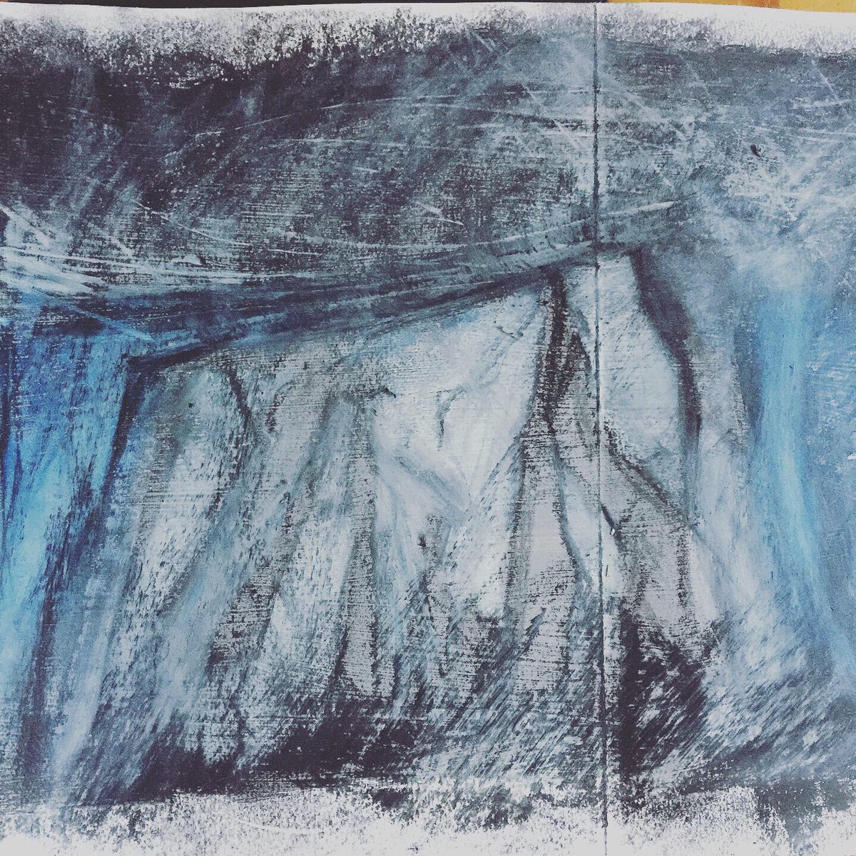 LucyJaneWheeler's tweet photo. Winter sketchbook, feeling very wintery today with snow showers coming in from the Northwest ❄️ #shetlandweather #winterlight 
#winterweather #wintersketchbook #sketchbook #oilpastels #charcoal #snow #snowart #coldcolours #creativepractice #landscape https://t.co/xleQp8IBqo