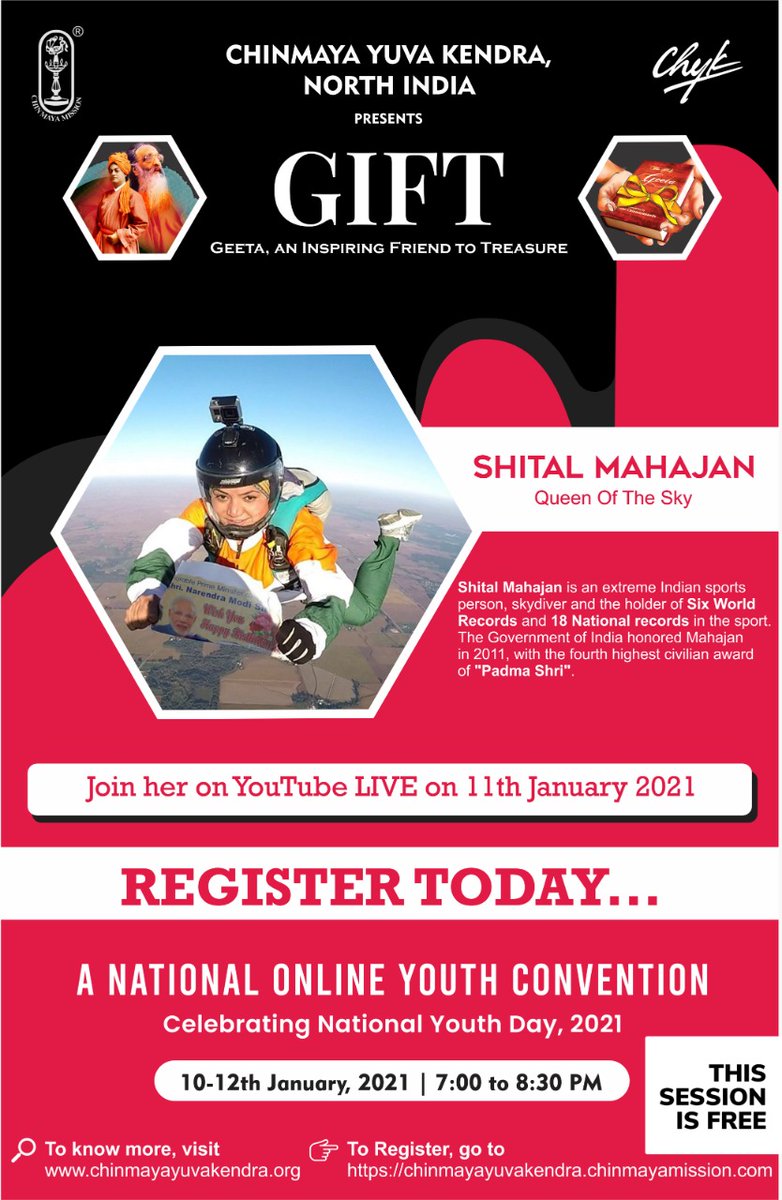 CM Noida (@chinmaya_noida) on Twitter photo GIFT - Online Youth Convention has kicked off today
Day 2 - 11 Jan we have two key speakers:
#SwamiChidrupanandaji - Chinmaya Mission Noida speaking on "Geeta aur Jivan". How Geeta Helps in our Life?
#Interview with Queen of Sky - Shital Mahajan GIFT - Online Youth Convention has kicked off today
Day 2 - 11 Jan we have two key speakers:
#SwamiChidrupanandaji - Chinmaya Mission Noida speaking on "Geeta aur Jivan". How Geeta Helps in our Life?
#Interview with Queen of Sky - Shital Mahajan