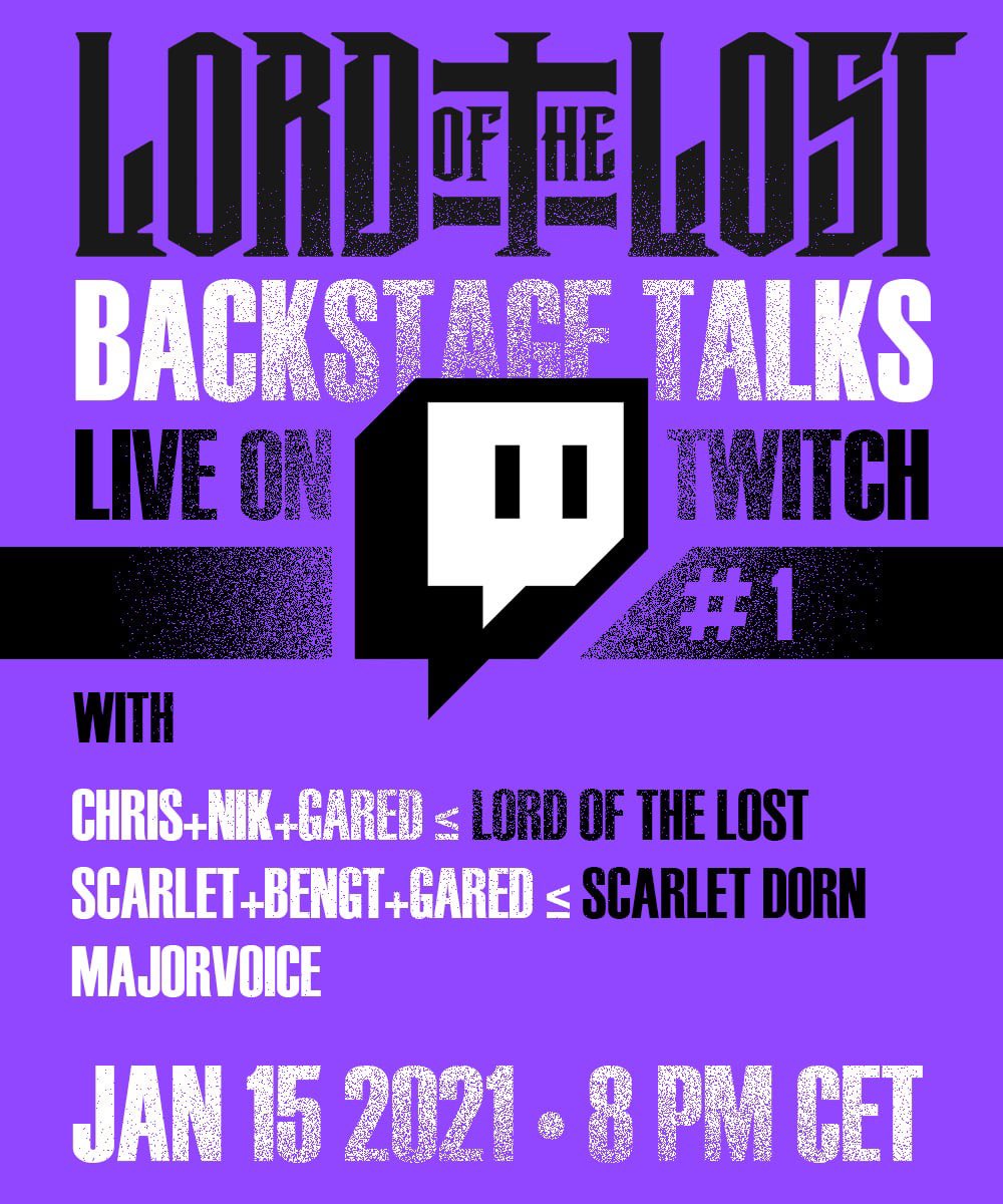 LordOfTheLost's tweet photo. BACKSTAGE TALKS #1
LIVE on TWITCH!
With
Chris, Nik & Gared (LOTL)
Scarlet, Bengt (and also) Gared (Scarlet Dorn)
MajorVoice
Jan 15 2021, 8pm CET
https://t.co/iZYC3jWYjU
#lordofthelost #twitch #lotlbackstagetalks #scarletdorn #majorvoice https://t.co/rCj9dmg2T6