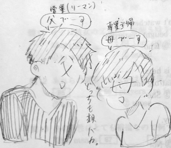 パパとママ。
パパは息子のことを天使かアイドルだと思ってる。だから「将来パパと結婚する!」って言われたいけどぬいぐるみに先を越されてしまった。
ママは家族との思い出を大事にしてる。ママ友とかご近所さんに面白エピソードいっぱい話してるからみんな兄弟のやり取りを温かく見守ってる。 