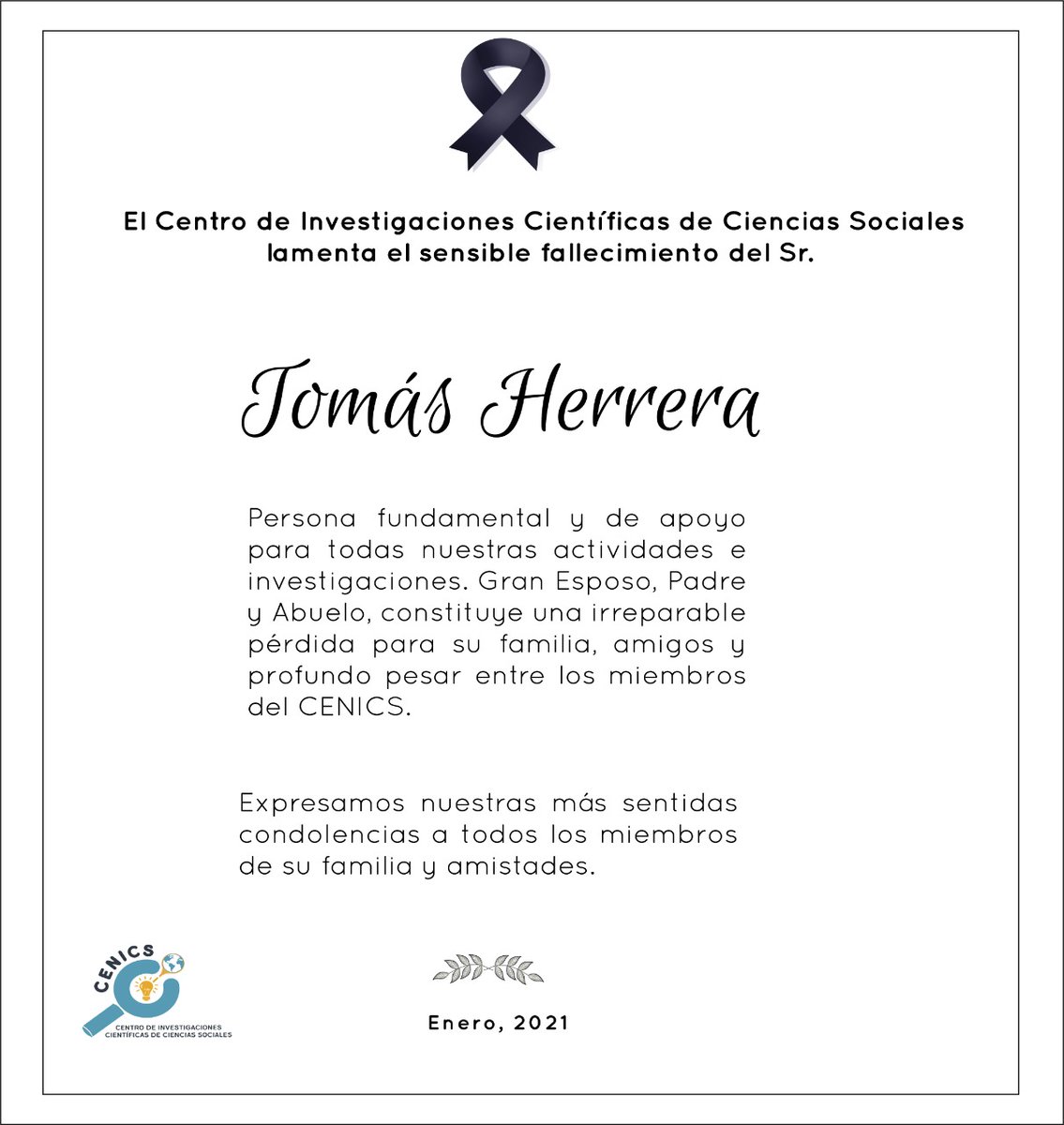CenicsPanama's tweet photo. @CenicsPanama lamenta el sensible fallecimiento del Sr. Tomás Herrera.

Persona fundamental y de apoyo para todas nuestras actividades e investigaciones. Constituye una irreparable pérdida para su familia, amigos y profundo pesar entre los miembros del CENICS.

#Panamá https://t.co/umrIVQBVCb