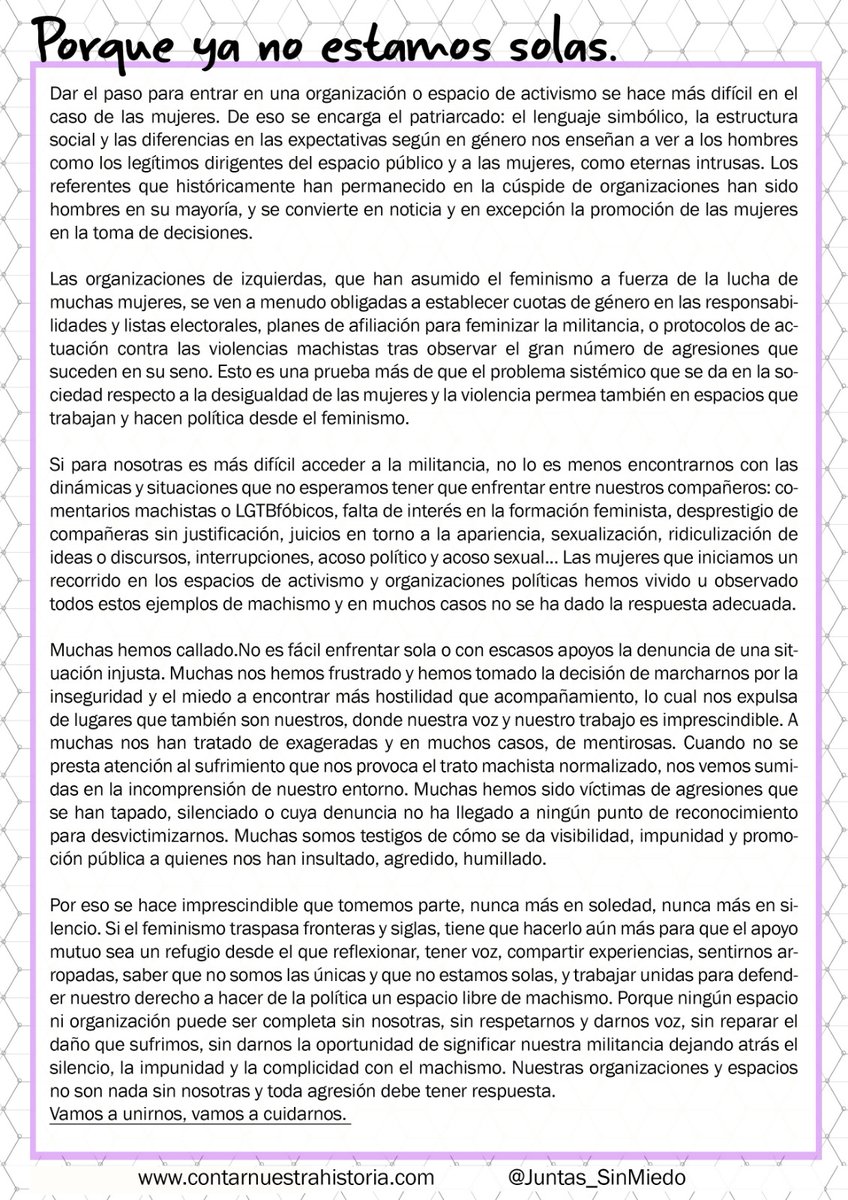 Juntas_SinMiedo's tweet photo. ¿Cuántas se marcharon de nuestras organizaciones y colectivos antes de nosotras? ¿Cuántas historias de violencia hay silenciadas y cuántos responsables siguen militando con nosotras?
Juntas sin Miedo por ningún espacio sin Nosotras! #NuestraHistoria #StopComplicidades #YoSíTeCreo https://t.co/4GiOngVMOt