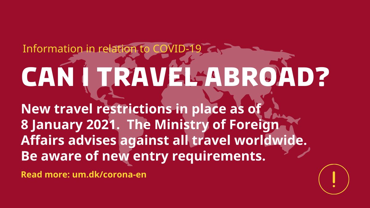 UMBorgerservice's tweet photo. To minimise the risk of coronavirus mutations, the Danish Government has decided to tighten its travel guidelines for all destinations worldwide. Furthermore, new entry requirements have been introduced.

Read more here ➡ https://t.co/Ehlcw08XKC

#COVID19dk https://t.co/FLGAWk8Ebf